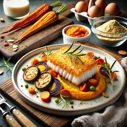 Kabeljauw schnitzel met puree van gegrilde groenten.